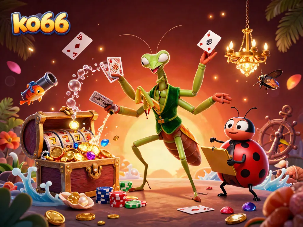 Experience incredible wins at ko66 with a lively 3D casino illustration featuring card games, vibrant characters, and rich treasures.