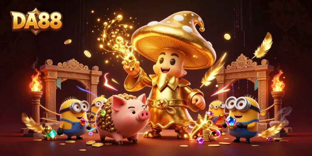 Experience thrilling moments with DA88 as the golden mushroom wizard transforms treasures in a dynamic casino scene.