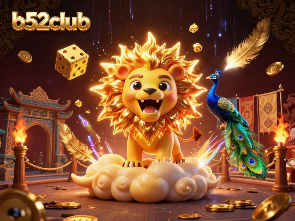 Experience excitement at b52club with a vibrant scene featuring a majestic sun lion and dynamic casino elements.