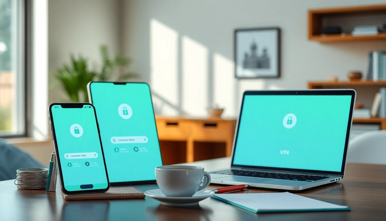 在现代工作场所中展示于多种设备上的快连下载 VPN 应用界面。