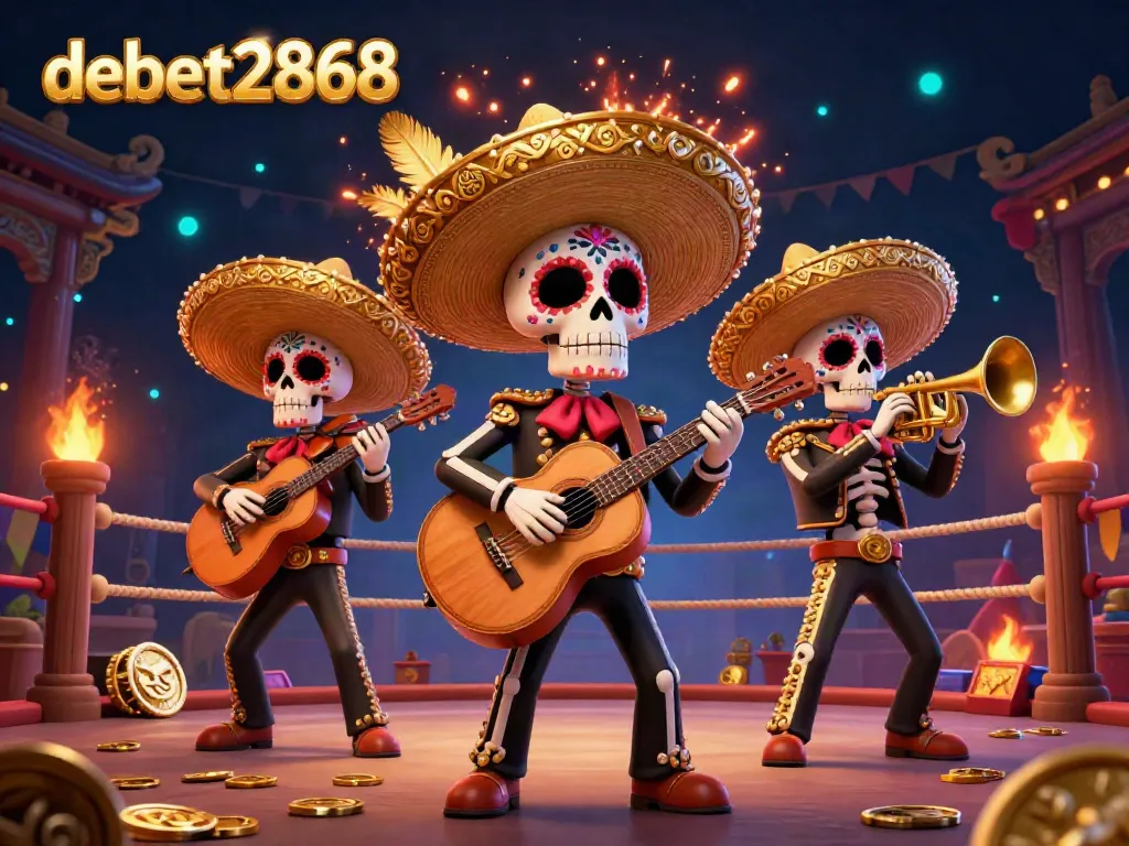 Experience the vibrant mariachi band celebrating at the debet2868 online casino, surrounded by lively gaming elements.