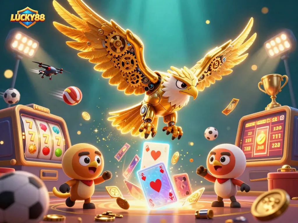 Experience LUCKY88 with a thrilling 3D illustration of casino gaming elements and dynamic visuals.