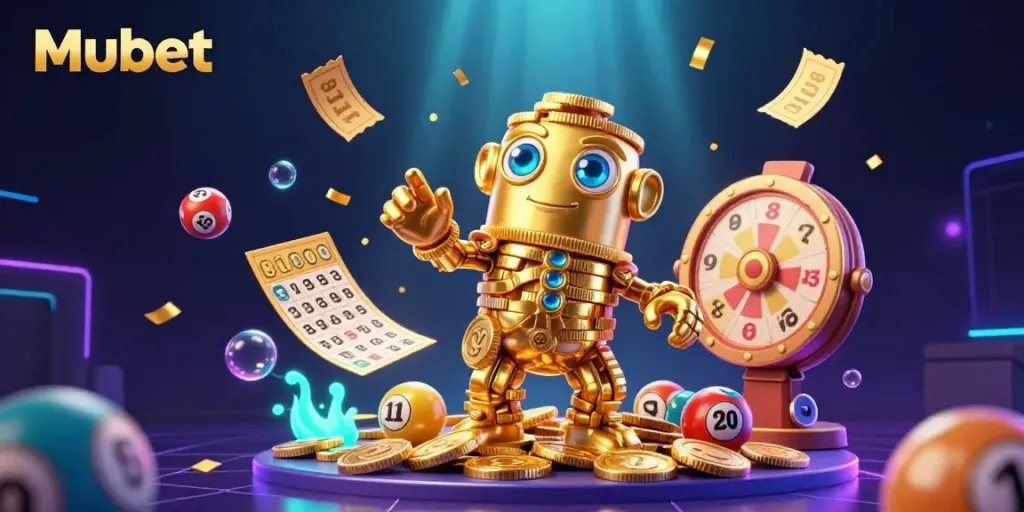 Engage with Mubet's golden golem amidst vibrant lottery games, perfect for thrilling online gambling adventures.
