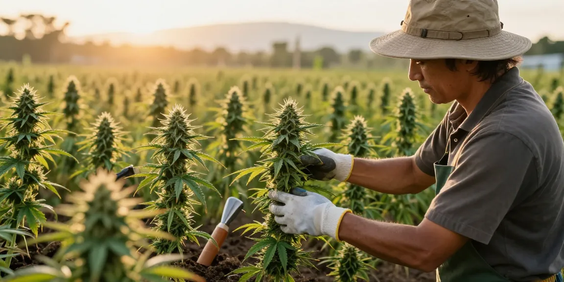 Cannabis kaufen auf einem malerischen Outdoor-Cannabis-Feld mit hochwertigen Pflanzen und einem Landwirt bei der Arbeit.