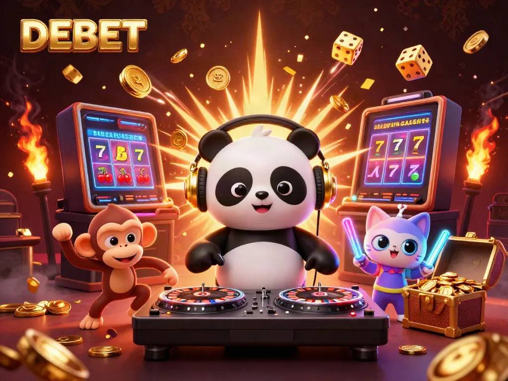 Experience the exciting DEBET gambling world with a vibrant DJ panda and lively characters in action.
