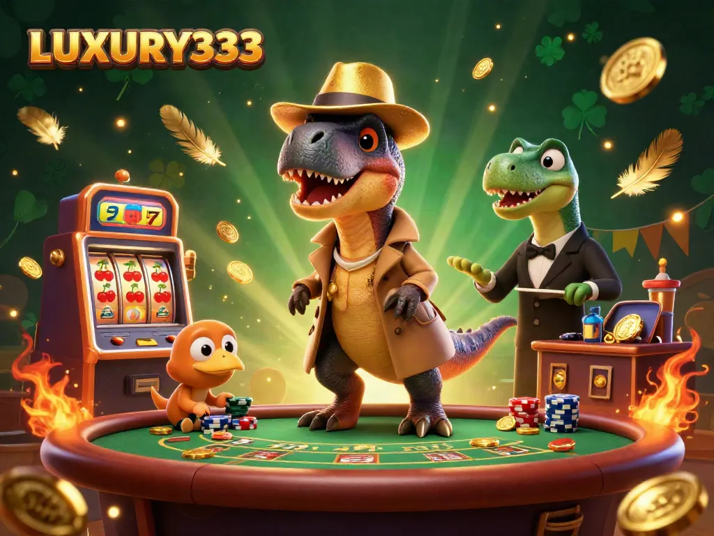 Experience excitement with LUXURY333 as a velociraptor card counter interacts at a vibrant casino table.