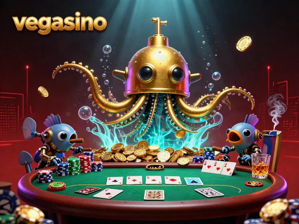Experience the thrill of vegasino with a golden kraken amidst poker action and vibrant casino elements.