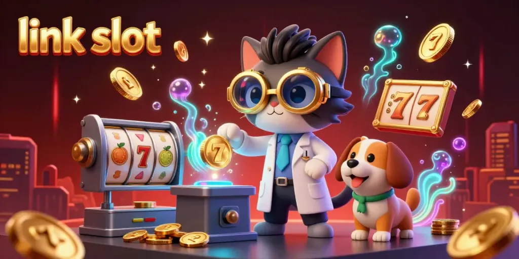 Experience exhilaration with link slot amidst vibrant characters creating gold coins and thrilling casino elements.