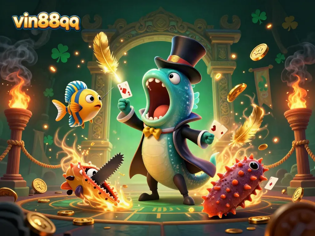 Experience thrilling games with vin88qq's vibrant casino scene, showcasing unique aquatic characters and rich gambling elements.