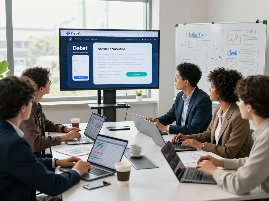 Team strategizing around a conference table about the Debet financial app, showcasing collaboration and innovation.
