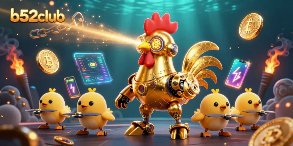 Engage with b52club's thrilling casino experience featuring a futuristic golden rooster robot.