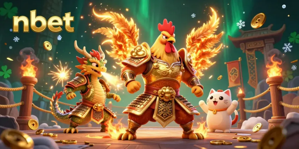Engage with nbet’s dynamic 3D illustration showcasing powerful characters in a fighting arena decorated with golden coins and vibrant effects.