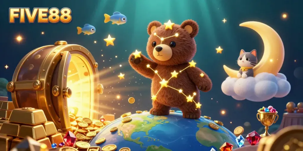 Play games with FIVE88, featuring a constellation bear, shooting stars, and treasure vault, in vibrant design.