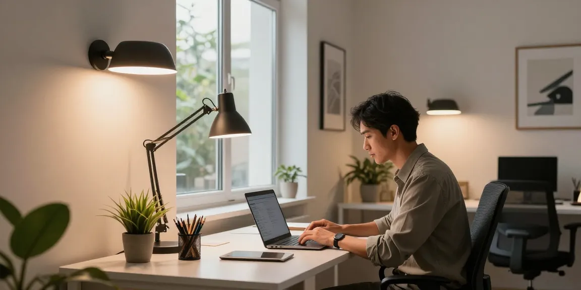 Stilvolle Wandleuchten Büro, die einen modernen Büroarbeitsplatz beleuchten, mit einem Fachmann, der sich auf die Laptop-Arbeit konzentriert.