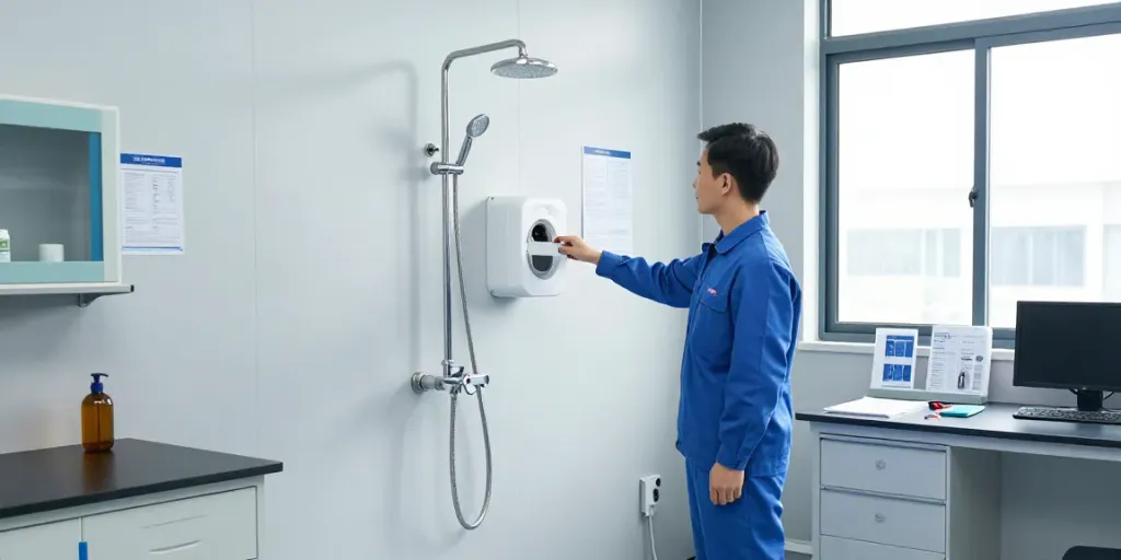 Technician inspecting an industrielle Notdusche in a modern lab setting, emphasizing safety and compliance.