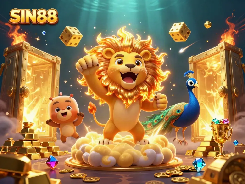 Engage with SIN88's vibrant casino world, featuring lively characters, gold elements, and thrilling gameplay.