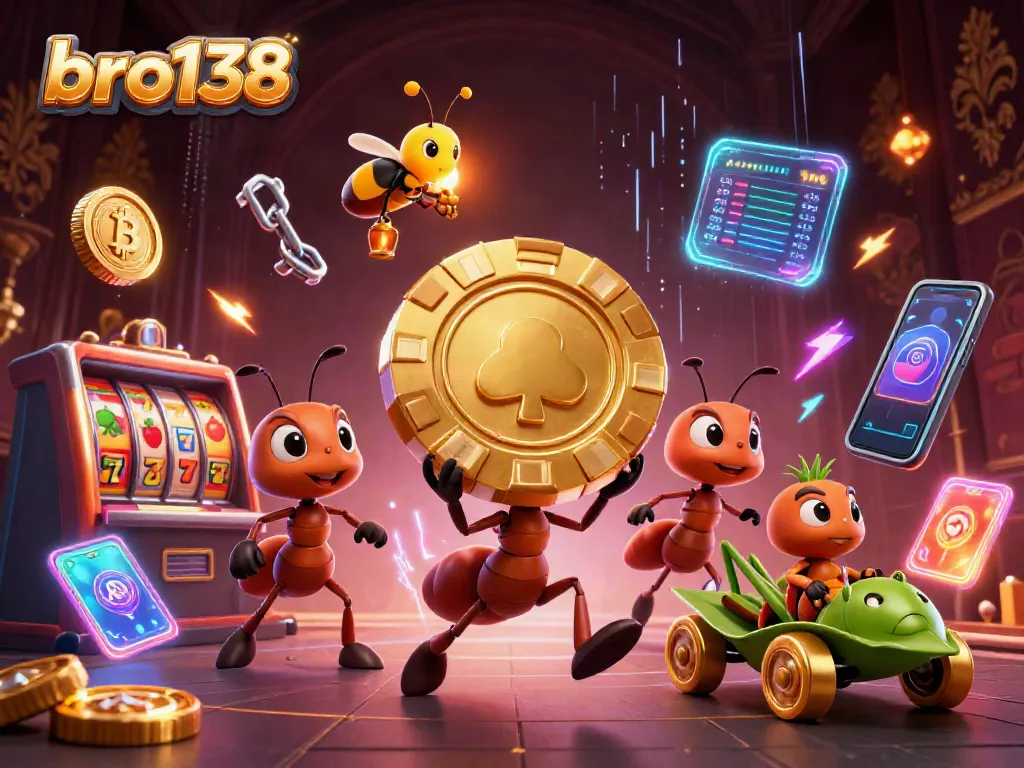 Bro138 heist scene with ants carrying a giant poker chip, surrounded by vivid casino elements.