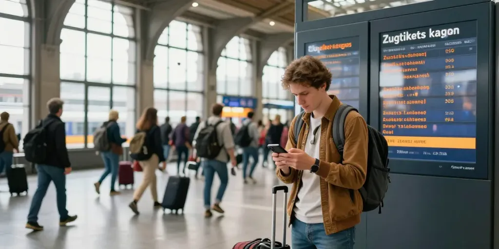 Zugtickets kaufen am belebten Bahnhof, Reisender mit Smartphone und Rucksack.