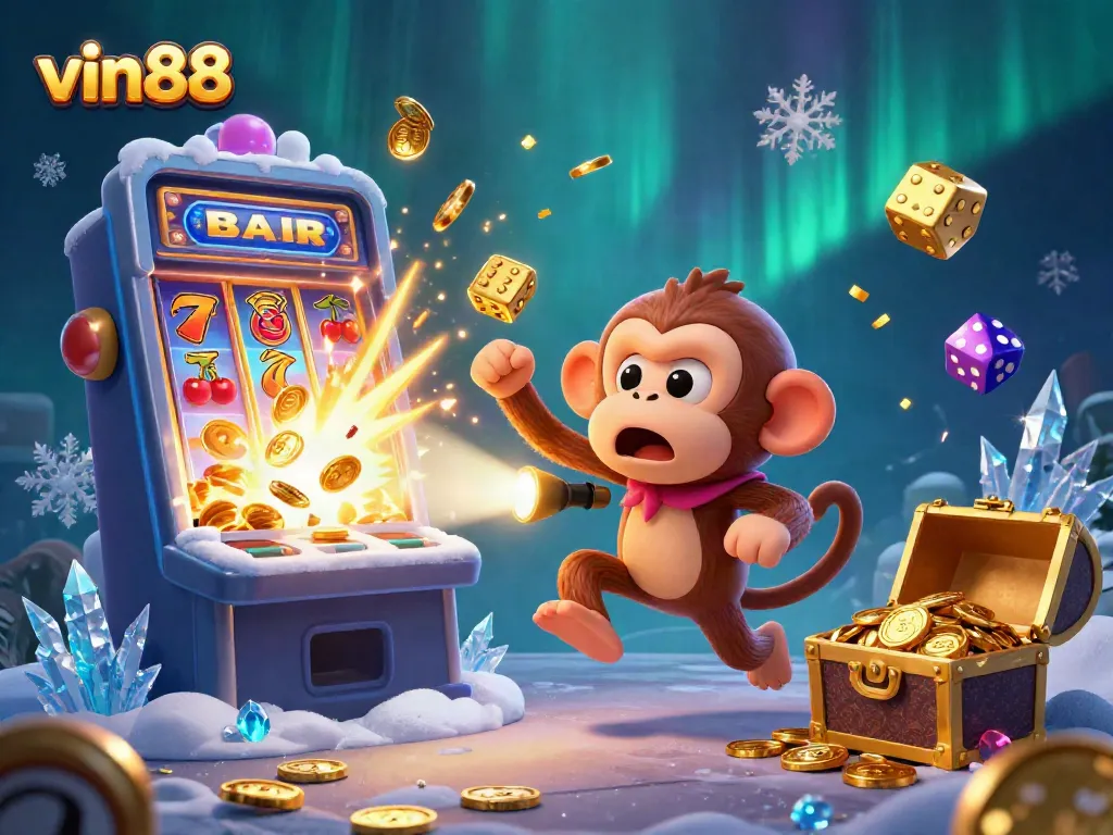 Experience thrilling jackpots with vin88's animated poltergeist monkey in a bustling casino scene.