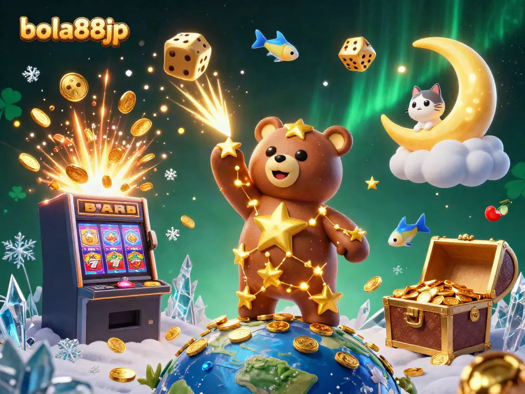 Experience the excitement of bola88jp with golden stars and casino winnings in vibrant 3D illustration.