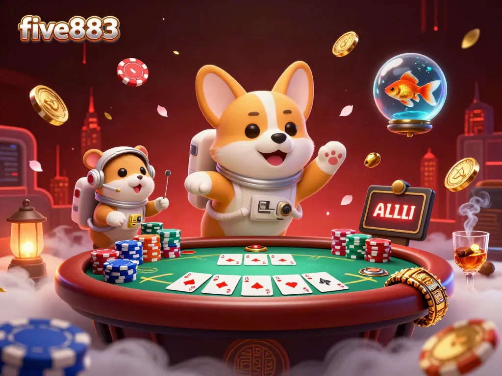 Experience vibrant fun at five883 with an astronaut corgi in a cosmic casino adventure.