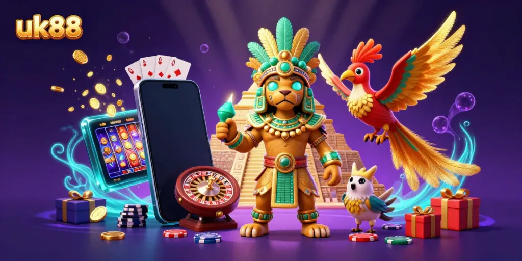 Engage in thrilling gameplay with uk88, featuring a Mayan priest amidst dynamic casino elements.