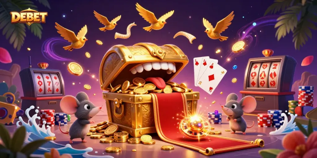 Play at DEBET and discover vibrant treasures amidst cascading coins and dynamic gaming elements.