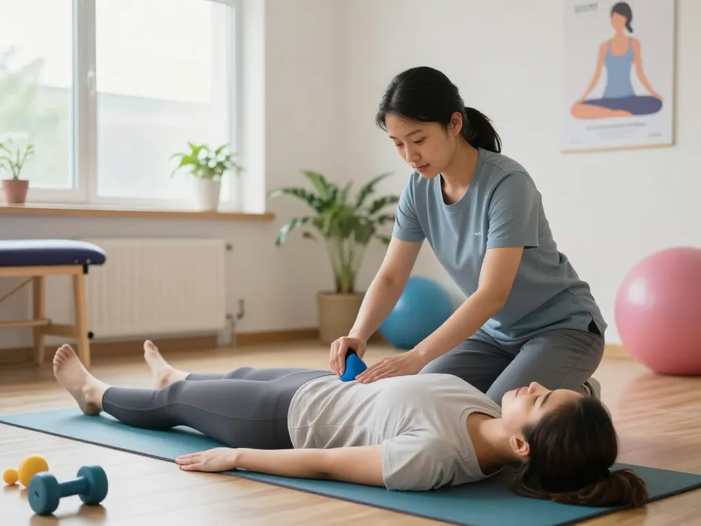 Effective pelvic floor therapy session at https://pelvi-care.de/ with physiotherapist guiding patient in a calming clinic environment.
