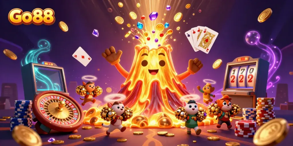 Experience the thrill of Go 88 with a vibrant 3D casino illustration showcasing golden treasures and gaming excitement.