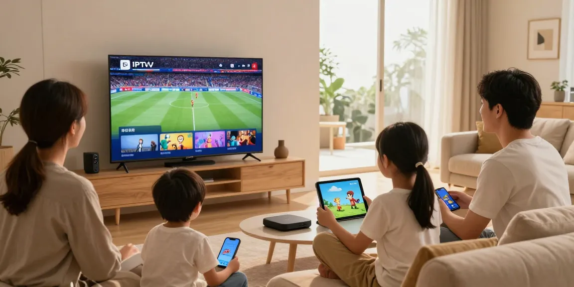 Familie genießt IPTV Streaming im Wohnzimmer, entspannt und lacht zusammen, während sie IPTV kaufen.