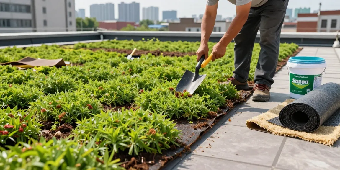 Installation von Sedum-Vegetationsmatten für dachbegrünung gewicht auf einem Gründach, Werkzeuge und städtische Skyline.