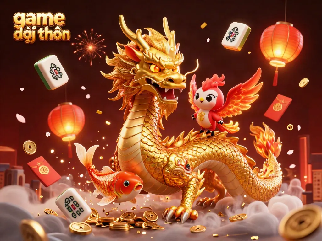 Experience excitement with game đổi thưởng featuring a golden dragon, phoenix, and koi amidst festive elements.