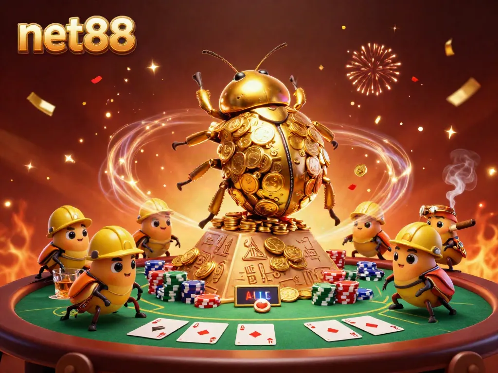 Experience exciting casino action with net88 as golden beetles roll coins in a vibrant game scene.