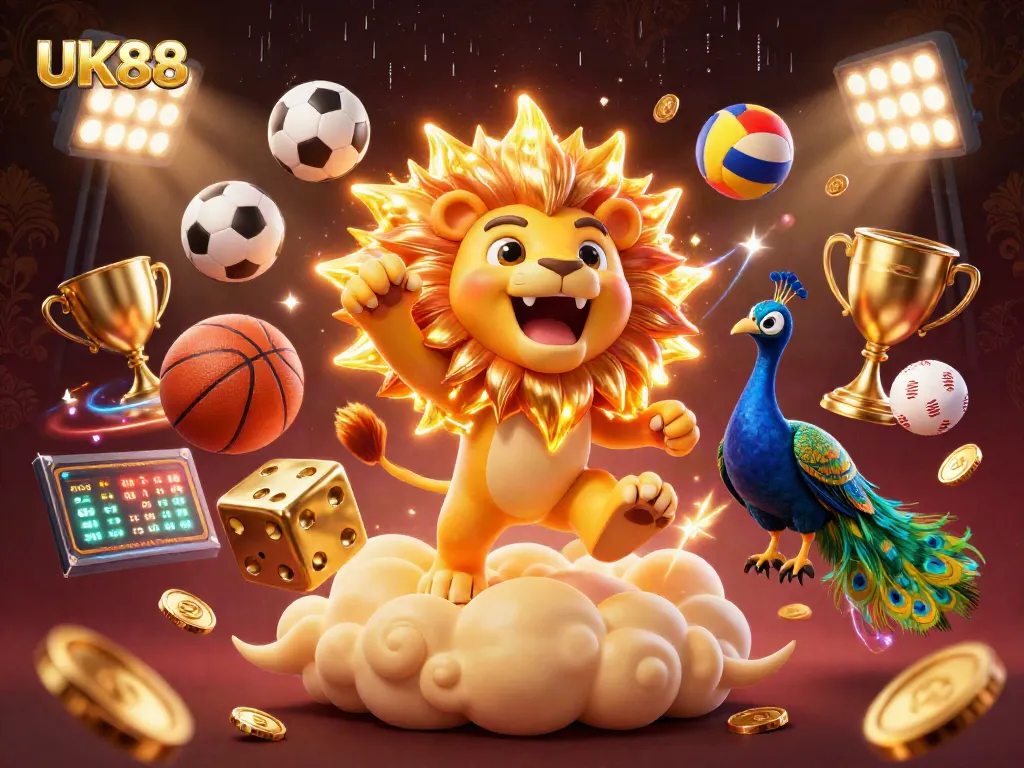 Experience thrilling sports betting with UK88's vibrant 3D illustration featuring dynamic elements and casino excitement.