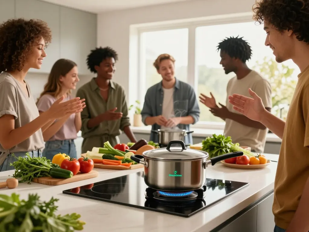 Der beste Induktionstopf zum Kochen, hervorgehoben in einer lebhaften Küchenszene mit Freunden, die zusammen kochen.