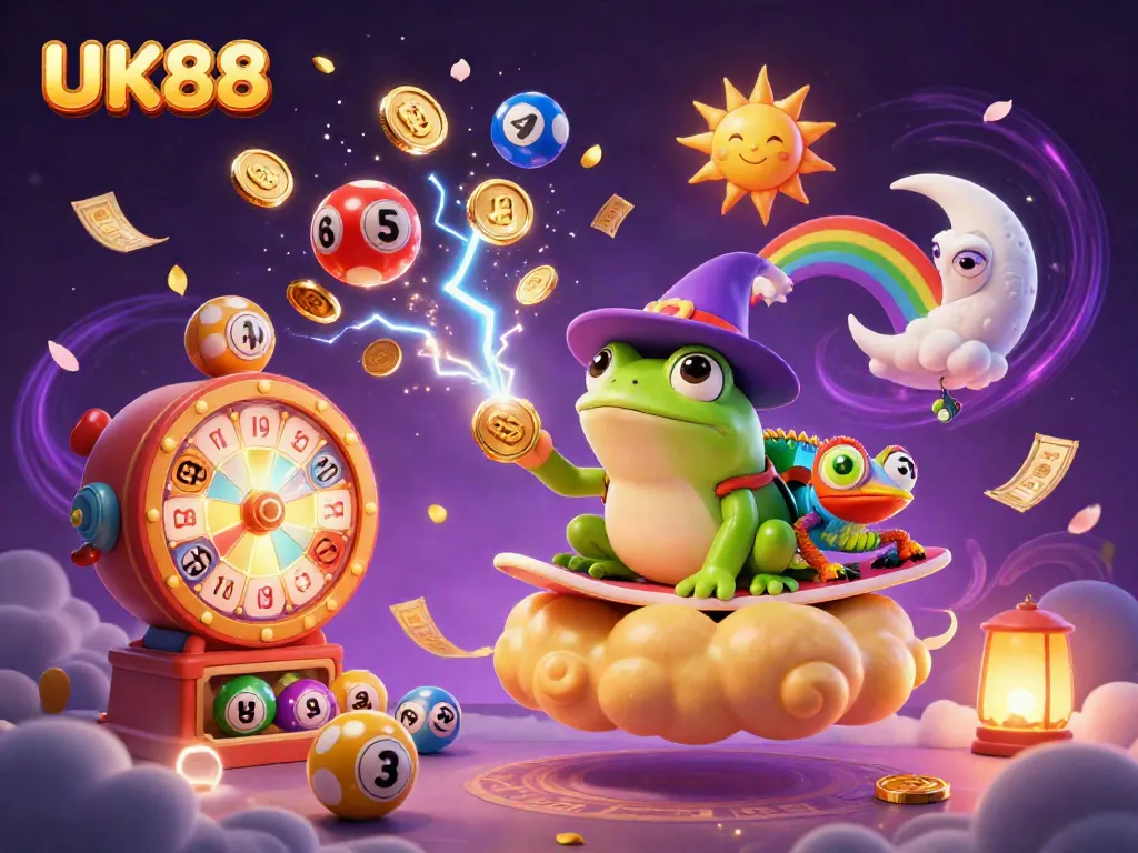 Experience the excitement of UK88 with golden coins, a storm wizard frog, and dynamic lottery elements.