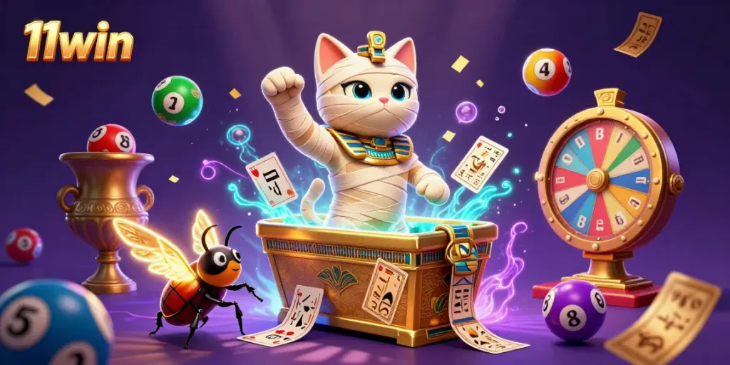 Bring excitement at 11win with a vibrant 3D scene featuring an Egyptian mummy cat and a scarab beetle in a pyramid casino setting.