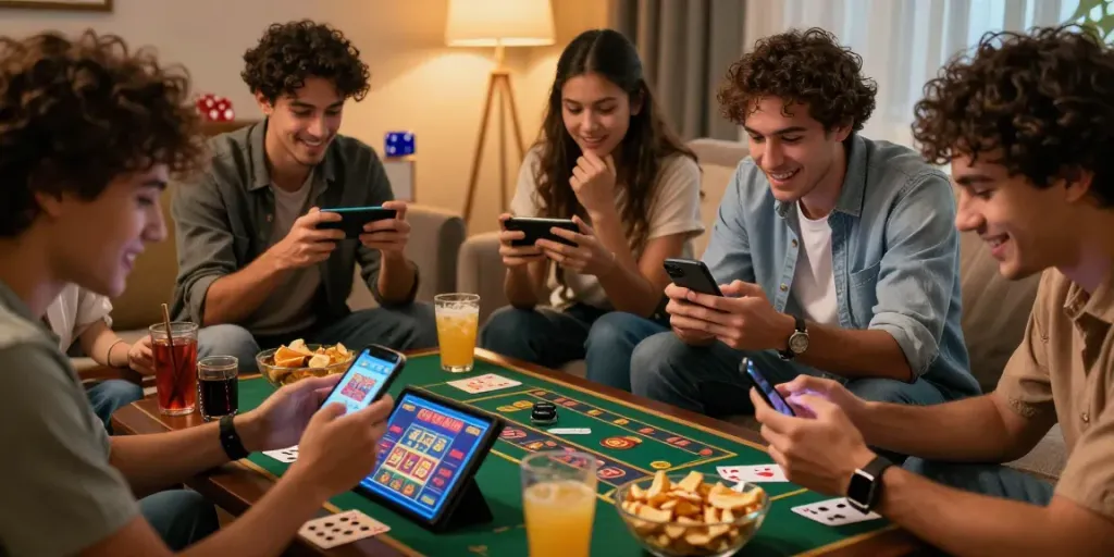 Freunde genießen neue mobile Casinos im Wohnzimmer, feiern Gewinne und spielen auf Smartphones.