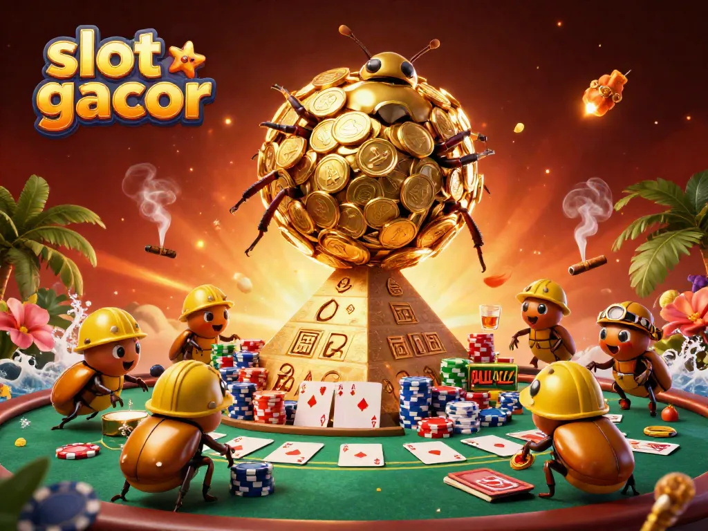 Engage with slot gacor excitement through a vibrant 3D scene featuring golden beetles and casino symbols.