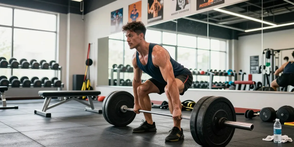Bodybuilder hebt Gewichte im Fitnessstudio und präsentiert Steroidshop-Produkte sowie Engagement für den Muskelaufbau.
