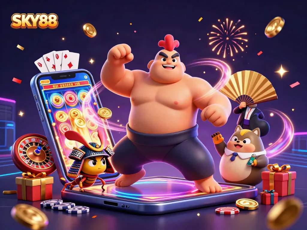 SKY88 game action featuring a rooster sumo wrestler and a samurai cricket amidst vibrant casino elements.