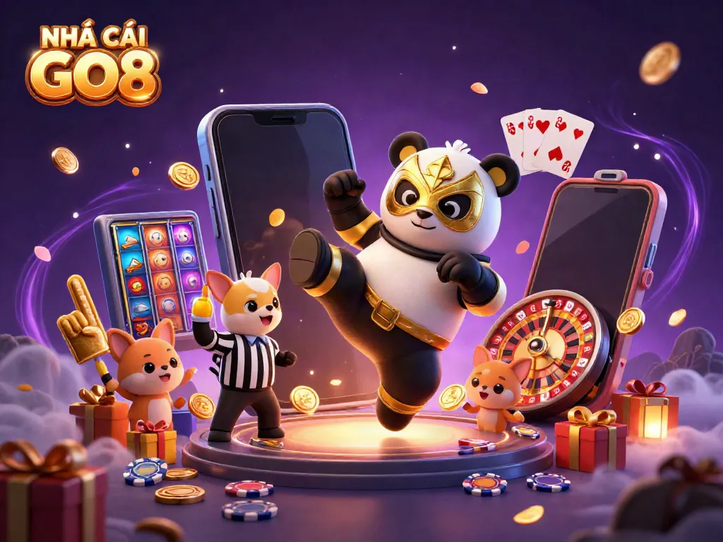 Action-packed scene showcasing NHÀ CÁI GO8 with a wrestling panda, a referee chihuahua, and animated gambling elements.