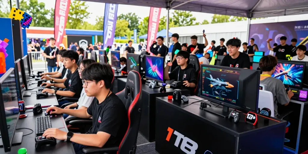 Buổi lễ hội trò chơi ngoài trời với logo f168, nhóm bạn chơi game sôi nổi.