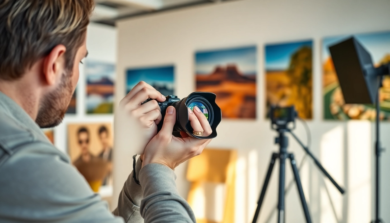 Praxisfotograf München bei der Arbeit im Fotostudio mit kreativen Bildern im Hintergrund.