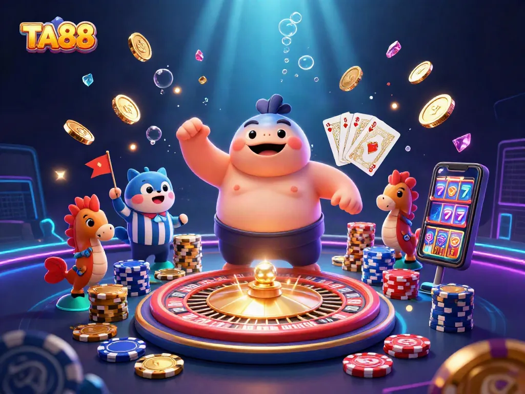 Engage with TA88's gaming scene featuring dynamic characters, colorful coins, and casino elements.