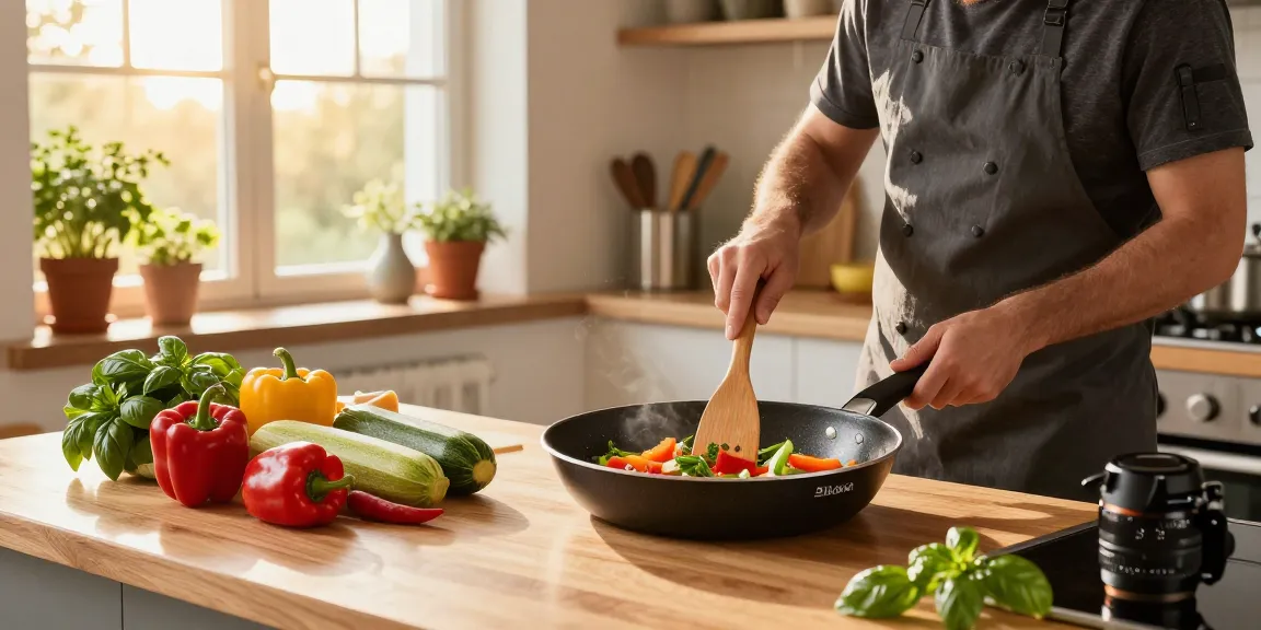 Kochen mit einer PTFE freien Pfanne in einer warmen Küche, die gesunde Zutaten und lebendige Farben zeigt.