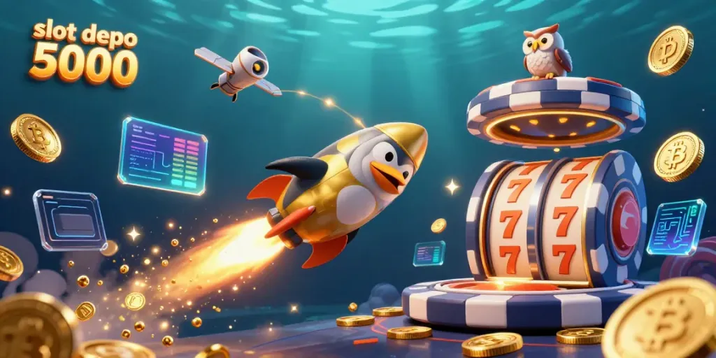 Play and win big with slot depo 5000, featuring a golden penguin and casino elements.