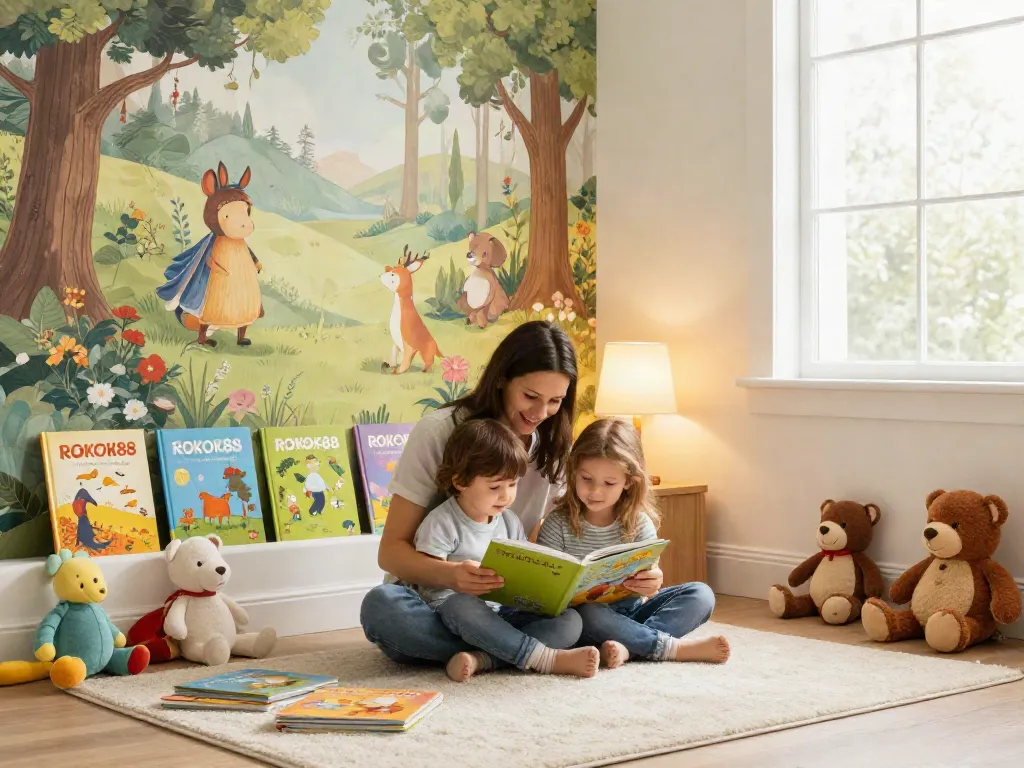 ROKOK88 alternatif children's reading nook with parent and child exploring colorful books.