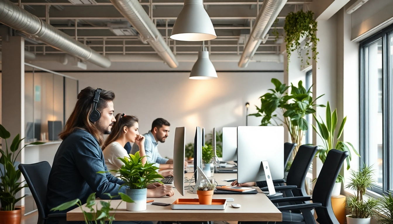 Stellenangebote sichtbar wie Menschen in einem modernen Büro aktiv arbeiten und zusammenarbeiten.