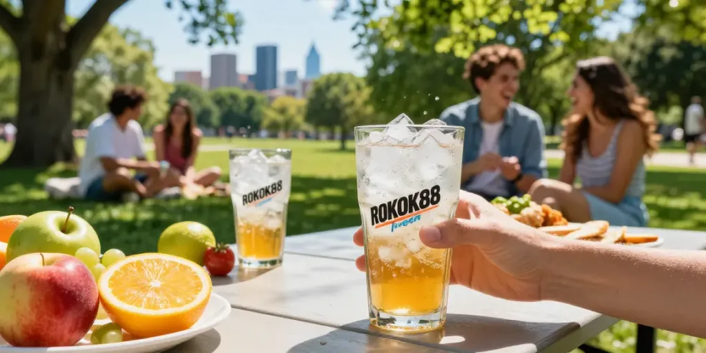 Enjoying ROKOK88 soda fresh in a lively outdoor picnic setting.